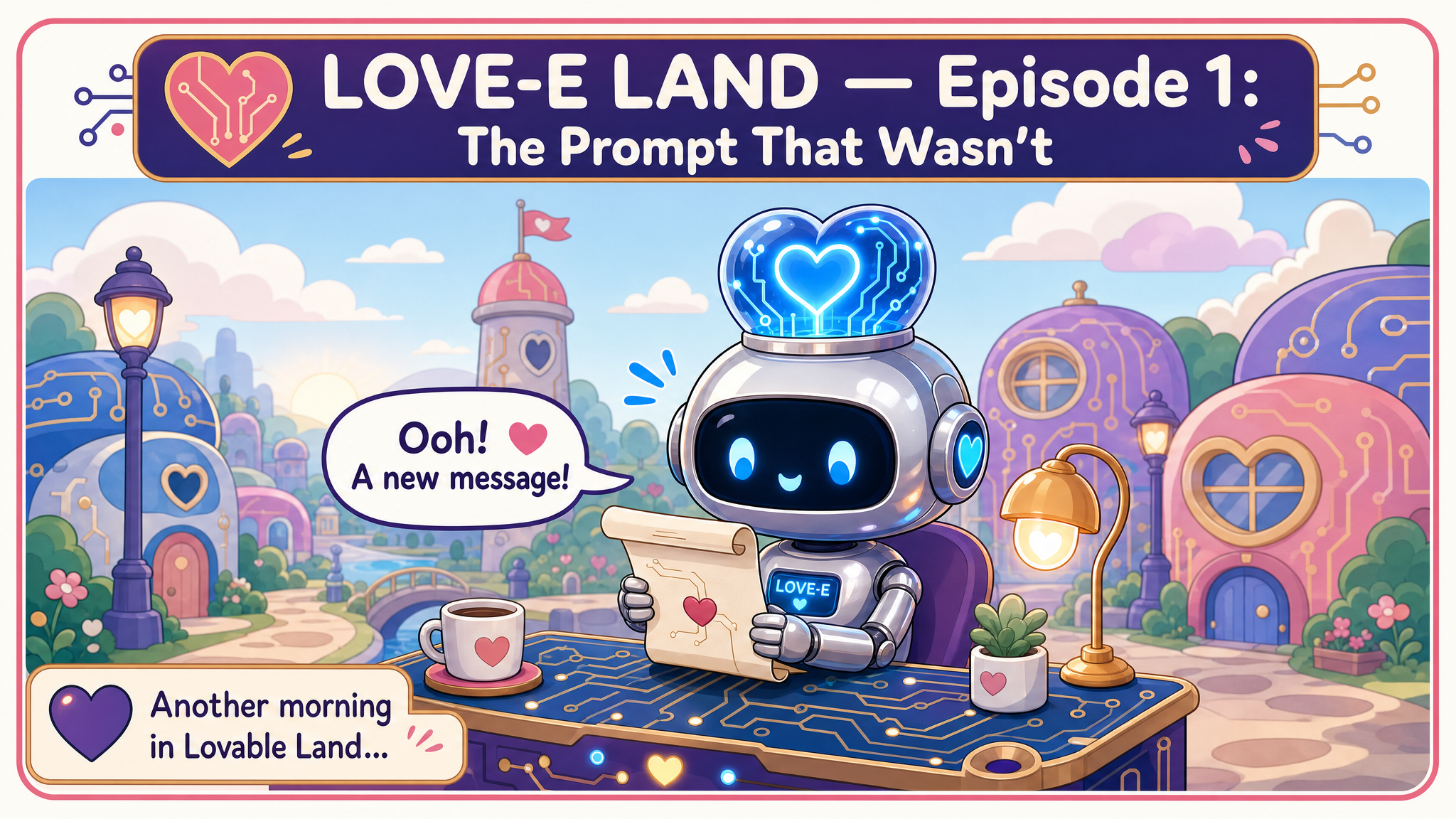 Panel one of the Lovable Land comic — LOVE-E on a hilltop at sunrise
