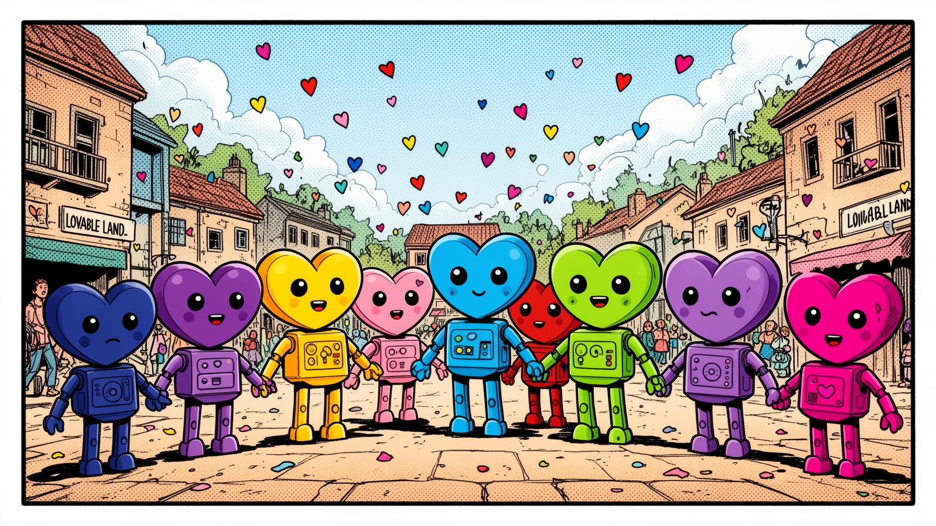 All ten LOVE- tribe villagers gathered in the village square under a sky of confetti hearts