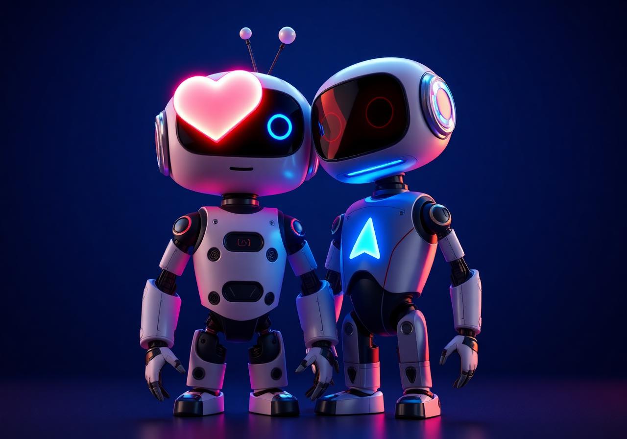LOVE-E standing next to CLICK-E, the electric-blue arrow-shaped sidekick