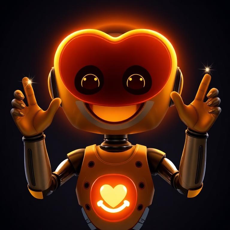LOVE-E in Delighted mood, heart glowing Amber Gold
