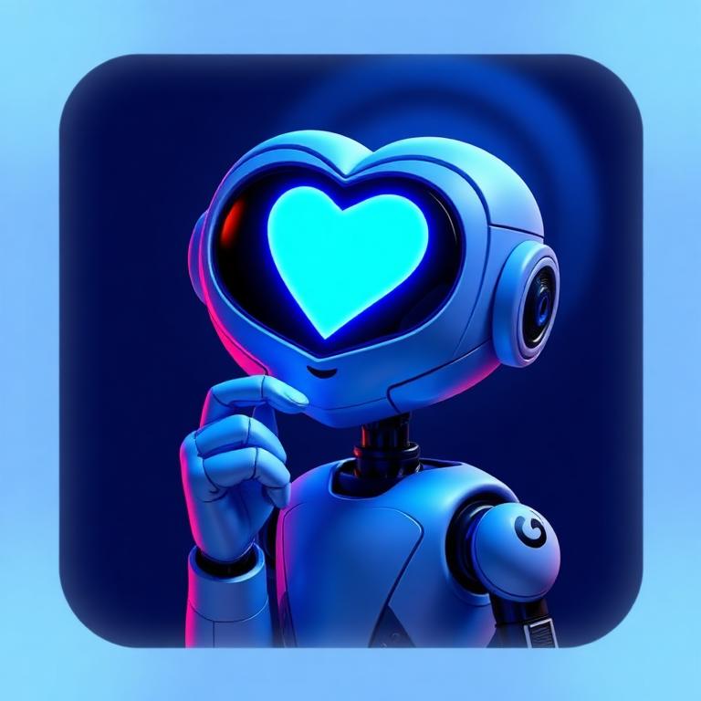 LOVE-E in Thinking mood, heart glowing Electric Blue